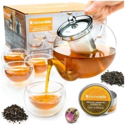 KitchenKite Glass Teapot with Infuser and Insulated Cups