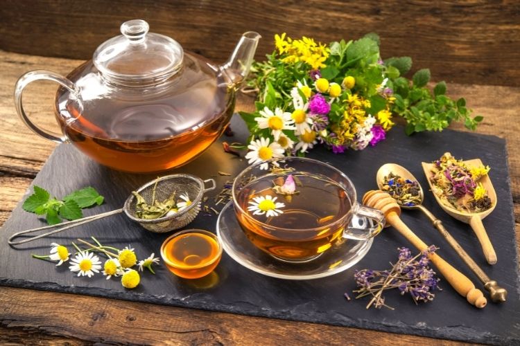 various herbal teas and honey