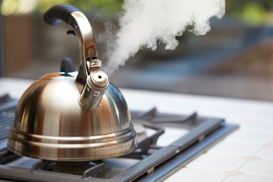 stainless steel tea kettle on a gas hob